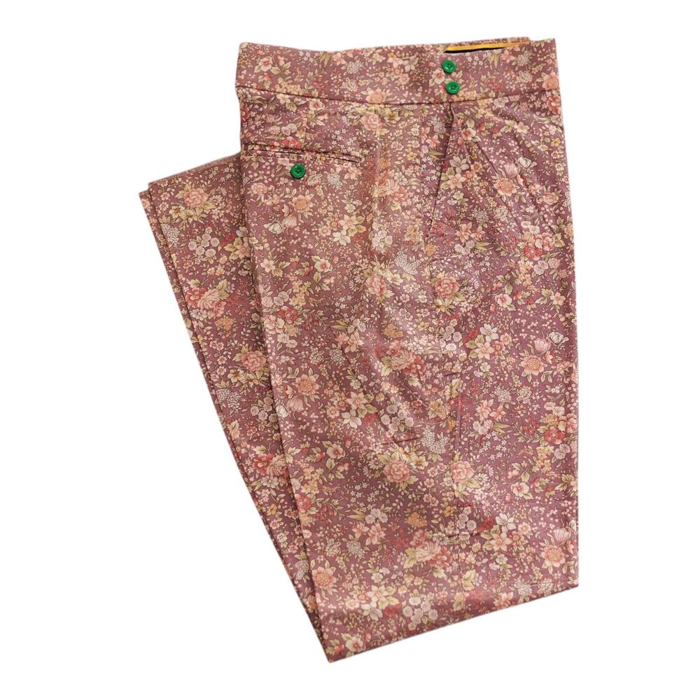 Mens Gurkha Pants 36 Mauve Floral Cotton High Waist Flat Front Straight Trousers
